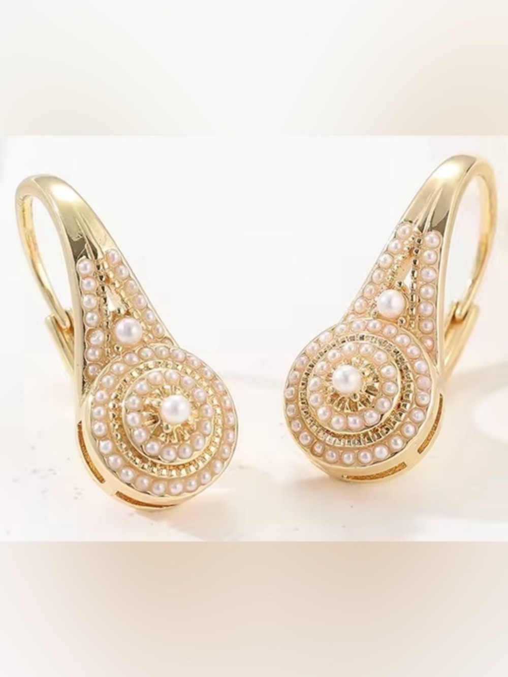 New 18k Gold Leaverback Earrings Encrusted with Petite White Pearls